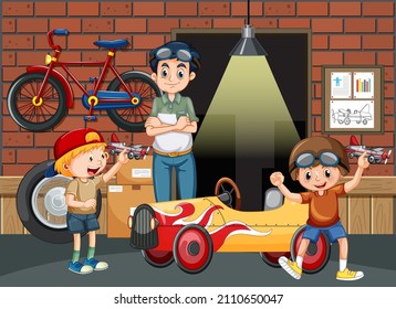 Garage scene with children fixing a car together illustration