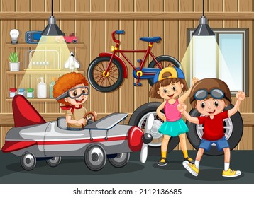 Garage scene with children fixing a car together illustration