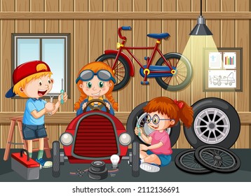 Garage scene with children fixing a car together illustration