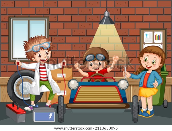 Garage scene with children fixing a car\
together illustration