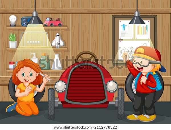 Garage scene with children fixing a car\
together illustration