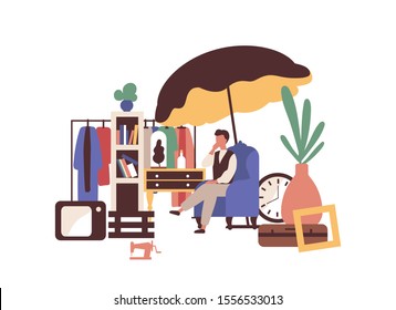 Garage sell vector illustration. Flea market idea. Second hand seller flat character isolated on white background. Used stuff, retro and vintage items. Clothes, technics and interior elements selling.