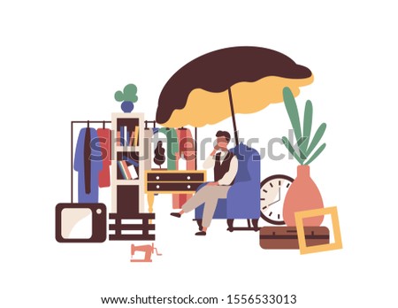 Garage sell vector illustration. Flea market idea. Second hand seller flat character isolated on white background. Used stuff, retro and vintage items. Clothes, technics and interior elements selling.