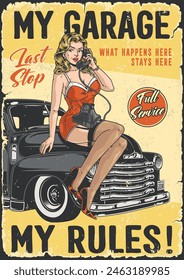 Garage service colorful vintage sticker with pretty girl calling to contact car mechanic for repair or maintenance vector illustration