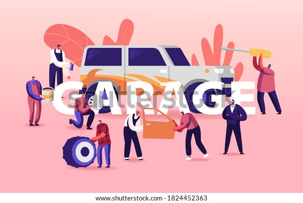 Garage Service Concept. Men Characters in\
Uniform Auto Maintenance and Fixing. Station Mechanics Staff Car\
Diagnostics, Checking and Repair Poster Banner Flyer. Cartoon\
People Vector\
Illustration