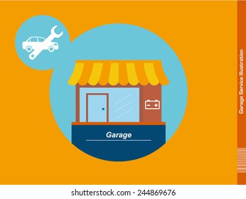 Garage Service Illustration - Flat Design of a Storefront with plenty writing Space on the Foundation Wall