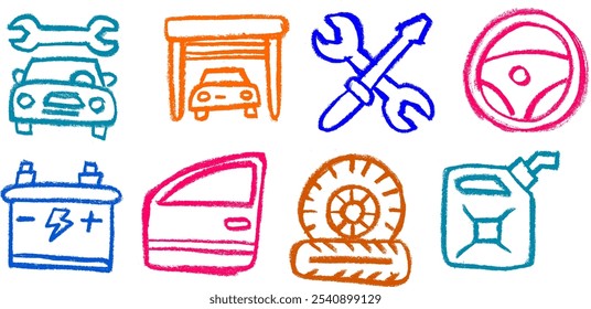 Garage Service Related Icon Crayon Chalk Drawing Vector Set