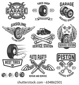 Garage, service station, auto parts store, filling station badges. Design element for logo, label, sign. Vector illustration