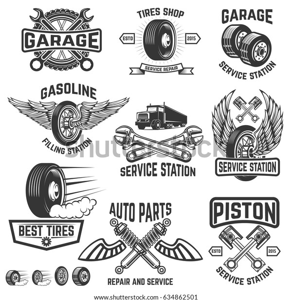 Garage, service station, auto parts store,\
filling station badges. Design element for logo, label, sign.\
Vector illustration