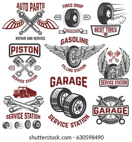 Garage, Service Station, Tires Shop, Auto Parts Store. Design Elements For Logo, Label, Emblem, Sign, Poster, T-shirt. Vector Illustration