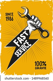 Garage service vintage poster with hand and tool. Retro style background for auto repair. Transportation design template