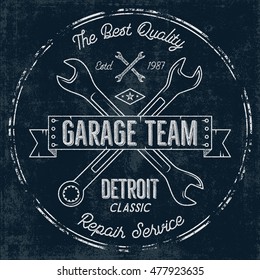 Garage Service Vintage Tee Design Graphics, Detroit Classic, Repair Service Typography Print. T-shirt Stamp, Teeshirt Graphic, Premium Retro Artwork. Use As Emblem, Logo On Web Projects. Vector.