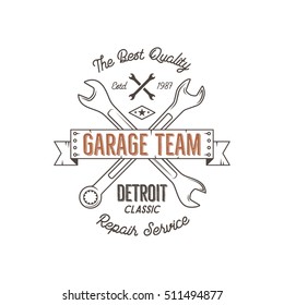 Garage service vintage tee design graphics, Detroit classic, repair service typography print. T-shirt stamp, teeshirt graphic, premium retro artwork. Use as emblem, logo, label. Vector