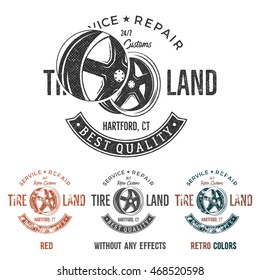 Garage service vintage tee designs graphics, Tire land, repair service typography print. T-shirt stamp, teeshirt graphic, premium retro artworks in different styles.