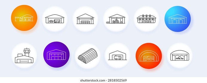 Garage set icon. Postal warehouse, transportation hangar, utility depot, industrial shelter, automotive station, airport terminal, curved storage, delivery facility, maintenance structure collection