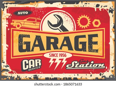 Garage Sign. Vintage Old Signpost For Car Service And Gas Station. Damaged, Scratched Transportation Poster. Vector Ad.