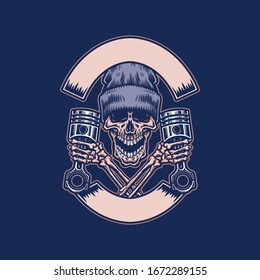 Garage skull holding piston, hand drawn line with digital color, vector illustration