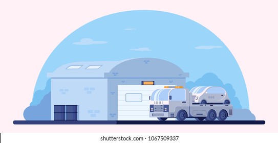 Garage for storage and parking of cars.  Repair shop. The machine for transportation of faulty vehicles. Lorry wrecker with car on platform. Road service and help. Flat vector illustration.