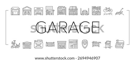 garage storage tools icons set vector. organization, car, repair, space, maintenance, cleaning, renovation lighting garage storage tools black contour illustrations