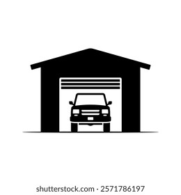 Garage and SUV icon. Black silhouette. Front view. Vector simple flat graphic illustration. Isolated object on white background. Isolate.