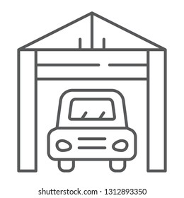 Garage thin line icon, auto and parking, car house sign, vector graphics, a linear pattern on a white background, eps 10.