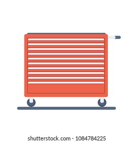 Garage Tool Box On Wheel. Garage Interior Equipment. Mobile Storage Box For Tools And Vehicle Repair. Vector Illustration.