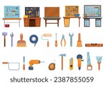 Garage tools board icons set cartoon vector. Interior workshop. Wooden board tool