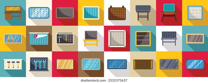 Conjunto de iconos de tablero de herramientas de garaje. Diferentes tipos y tamaños de pegboards para organizar herramientas se presentan en este conjunto de iconos vectoriales