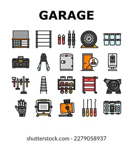 garage tools service auto repair icons set vector. car mechanic, automotive engine, automobile vehicle, wheel wrench, shop, equipment garage tools service auto repair color line illustrations