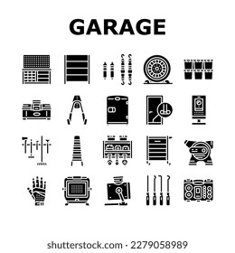 garage tools service auto repair icons set vector. car mechanic, automotive engine, automobile vehicle, wheel wrench, shop, equipment garage tools service auto repair glyph pictogram Illustrations