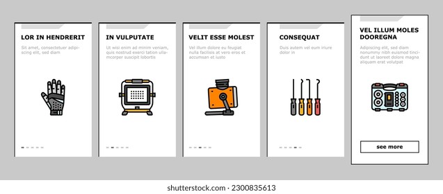 garage tools service auto repair onboarding mobile vector. car mechanic, automotive engine, automobile vehicle, wheel wrench, shop, equipment garage tools service auto repair illustrations