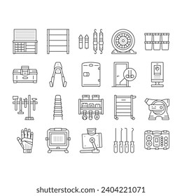 garage tools service auto repair icons set vector. car mechanic, automotive engine, automobile vehicle, wheel wrench, shop, equipment garage tools service auto repair black contour illustrations