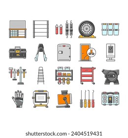 garage tools service auto repair icons set vector. car mechanic, automotive engine, automobile vehicle, wheel wrench, shop, equipment garage tools service auto repair color line illustrations