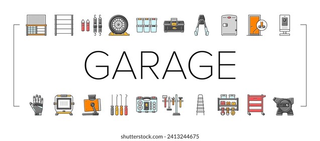 garage tools service auto repair icons set vector. car mechanic, automotive engine, automobile vehicle, wheel wrench, shop, equipment garage tools service auto repair color line illustrations