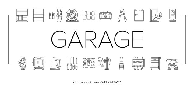 garage tools service auto repair icons set vector. car mechanic, automotive engine, automobile vehicle, wheel wrench, shop, equipment garage tools service auto repair black line illustrations