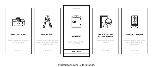 garage tools service auto repair onboarding mobile vector. car mechanic, automotive engine, automobile vehicle, wheel wrench, shop, equipment garage tools service auto repair illustrations