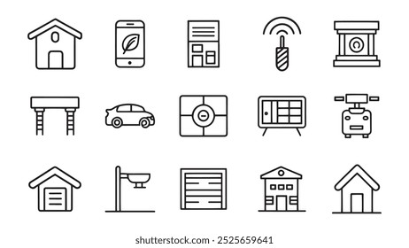 Garagem, manobrista, estacionamento pago, gravador, elevador, câmera de segurança ícone de contorno de traçado editável definir vetor plano ilustração no fundo branco.