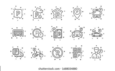 Garage, Valet servant and Paid parking. Parking line icons. Car transport park place linear icon set. Geometric elements. Quality signs set. Vector