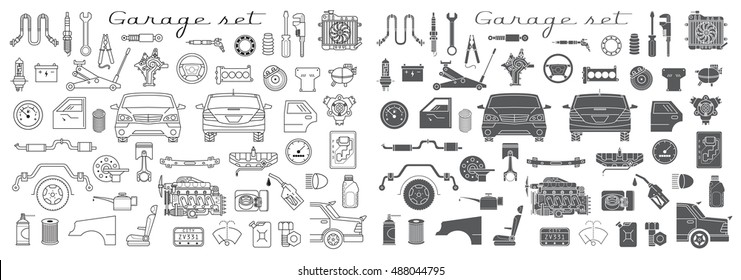 Garage. Vector Car Parts Set Outline Details. Isolated