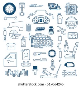 Garage. Vector car parts set outline details. Isolated