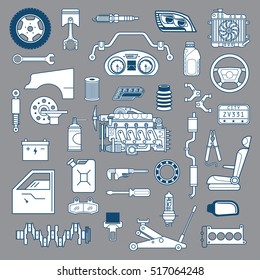 Garage. Vector car parts set outline details. Isolated