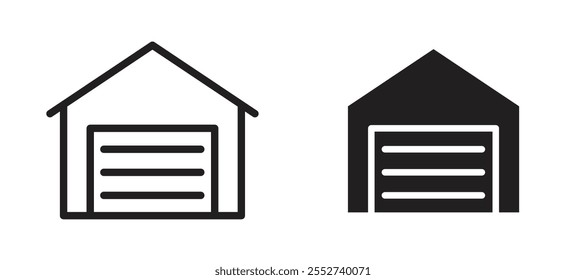 Garage vector icon set black filled and outlined style.