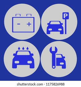 garage vector icons set. with parked car, car repair, car battery and car wash in set