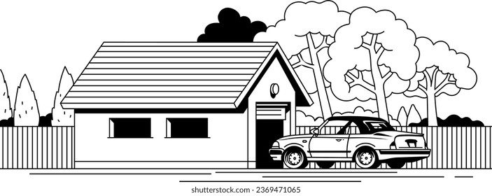 Garage and vehicle. Back yard. Hand drawn modern Vector illustration. Isolated design element. Poster, print template.