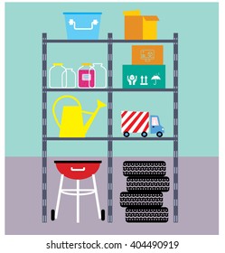 Garage vertical storage with house items. Boxes, jars, tires, garden water can icon. Vector illustration. Flat design
