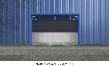 A garage or warehouse made of blue metal. Vector illustration.