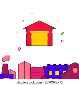 Garage, warehouse with roll gate filled line vector icon, simple illustration, city buildings related bottom border.