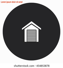 Garage web icon. Gray circle button with white illustration.