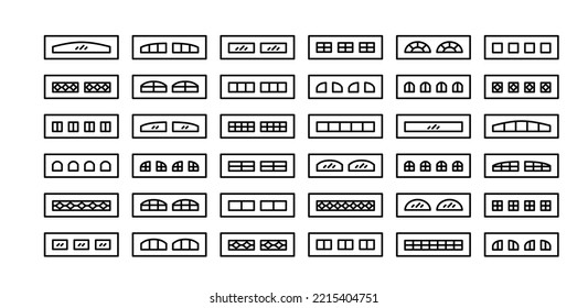 Garage windows. Modern and vintage window frames for garage door, home storage, workshop. Exterior architecture elements. Line icon set. Editable stroke. 