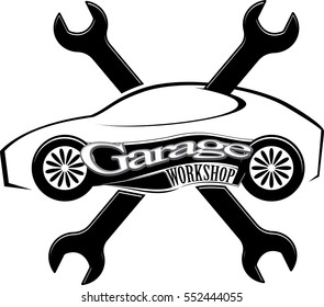 Garage workshop emblem with car silhouette, crossed wrenches and lettering. Vehicle repairing service logo. Simple black and white graphic, isolated on white. Vector illustration